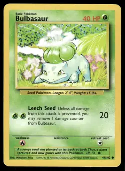 Bulbasaur 1999 Base Set Unlimited WOTC Vintage Pokemon Card 44/102 (LP-NM) - Image 1