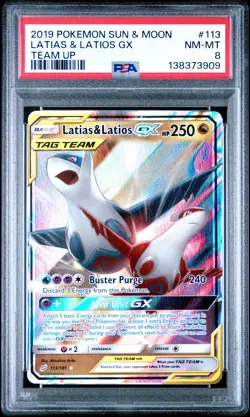 2019 POKEMON SUN & MOON TEAM UP 113 LATIAS & LATIOS GX - PSA 8 - Image 1