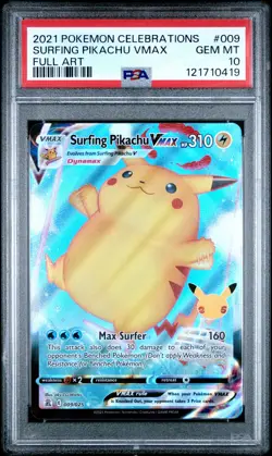 2021 POKEMON CELEBRATIONS #009 FULL ART/SURFING PIKACHU VMAX PSA 10 - Image 1