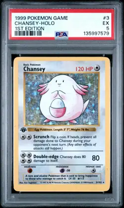 PSA 5 Chansey 3/102 Base Set (Shadowless) 1st Edition Holo Rare Pokemon Card - Image 1