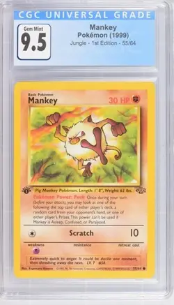 CGC 9.5 GEM MINT 10 Mankey 1st Edition Jungle 55/64 Pokemon 1999 Non-Holo - Image 1