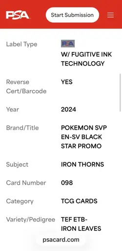 2024 Pokemon SVP EN Temporal Forces ETB - IRON THORNS 098 PSA 9 - Image 4