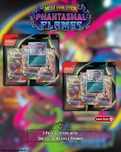 POKEMON TCG ME02 PHANTASMAL FLAMES 3 PACK BLISTER CASE 24 ct **ONE BOX LEFT** - Image 1