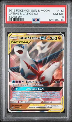 2019 POKEMON SUN & MOON TEAM UP #113 LATIAS & LATIOS GX PSA 8 - Image 1