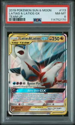 2019 POKEMON SUN & MOON TEAM UP #113 LATIAS & LATIOS GX PSA 8 - Image 1