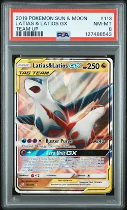 2019 POKEMON SUN & MOON TEAM UP #113 LATIAS & LATIOS GX PSA 8 - Image 1