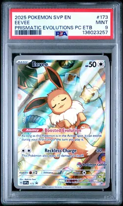 2025 POKEMON PRISMATIC EVOLUTIONS POKEMON CENTER ETB PROMO #173 EEVEE PSA 9 - Image 1