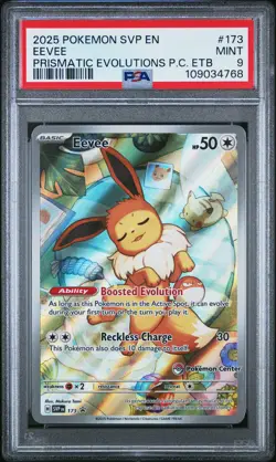 2025 POKEMON PRISMATIC EVOLUTIONS POKEMON CENTER ETB PROMO #173 EEVEE PSA 9 - Image 1