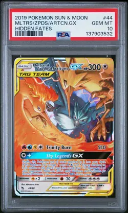 2019 POKEMON SUN & MOON HIDDEN FATES #44 MOLTRES & ZAPDOS & ARTICUNO GX PSA 10 - Image 1