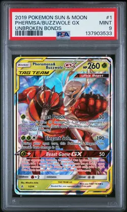 2019 Pokemon Sun & Moon Unbroken Bonds PHEROMOSA & BUZZWOLE GX 1/214 PSA 9 - Image 1