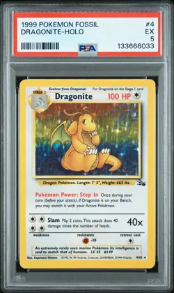 1999 POKEMON FOSSIL #4 DRAGONITE-HOLO PSA 5 - Image 1