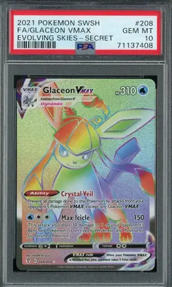 2021 Pokemon Evolving Skies 208/203 GLACEON VMAX Secret PSA 10 Gem Mint - Image 1