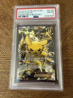 2016 POKEMON PROMO #XY124 FA/PIKACHU EX PROMO-RED & BLUE COLL. PSA 8 - Image 1