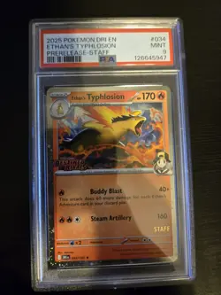 2025 Pokemon Destined Rivals Ethan's Typhlosion 034/182 Staff PSA 9 - Image 1