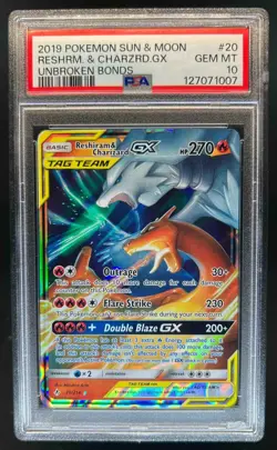2019 Pokemon SM Unbroken Bonds Reshiram Charizard Tag Team Holo #20/214 PSA 10 - Image 1