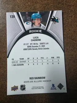 2025-26 UD Allure Hockey Luca Cagnoni RC Red Rainbow SP #139 San Jose Sharks - Image 2