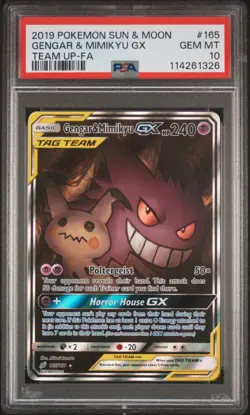 2019 POKEMON SUN & MOON TEAM UP #165 FULL ART/GENGAR & MIMIKYU GX PSA 10 - Image 1