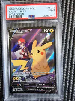 2022 POKEMON SWORD & SHIELD LOST ORIGIN #TG16 FULL ART PIKACHU V PSA 9 TCG HOLO - Image 1
