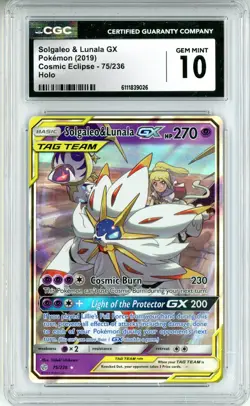 CGC GEM MINT 10 Pokemon TCG Solgaleo & Lunala GX 75/236 Sm-Cosmic Eclipse Holo - Image 1