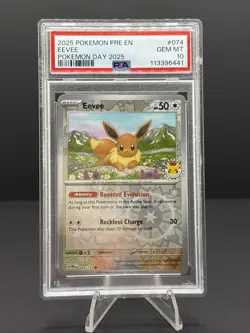 Eevee Prismatic Evolutions 074/131 Holo Pokemon Day 2025 Stamped Promo PSA 10 - Image 1