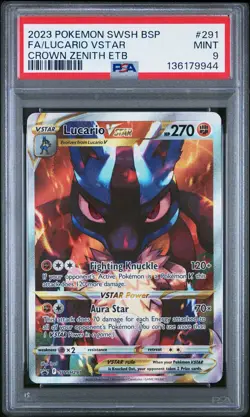 2023 POKEMON SWSH CROWN ZENITH ETB PROMO #291 FULL ART/LUCARIO VSTAR PSA 9 - Image 1