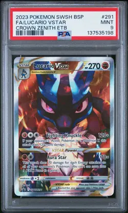 2023 POKEMON SWSH CROWN ZENITH ETB PROMO #291 FULL ART/LUCARIO VSTAR PSA 9 - Image 1