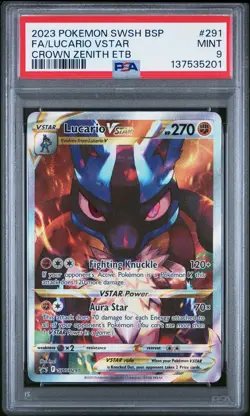 2023 POKEMON SWSH CROWN ZENITH ETB PROMO #291 FULL ART/LUCARIO VSTAR PSA 9 - Image 1