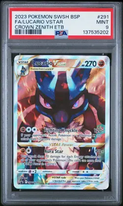 2023 POKEMON SWSH CROWN ZENITH ETB PROMO #291 FULL ART/LUCARIO VSTAR PSA 9 - Image 1