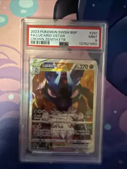 2023 POKEMON SWSH CROWN ZENITH ETB PROMO #291 FULL ART/LUCARIO VSTAR PSA 9 - Image 1