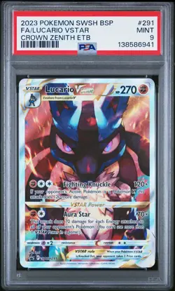 2023 POKEMON SWSH CROWN ZENITH ETB PROMO #291 FULL ART/LUCARIO VSTAR PSA 9 - Image 1