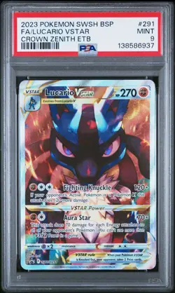 2023 POKEMON SWSH CROWN ZENITH ETB PROMO #291 FULL ART/LUCARIO VSTAR PSA 9 - Image 1