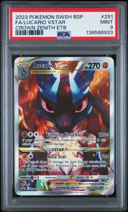 2023 POKEMON SWSH CROWN ZENITH ETB PROMO #291 FULL ART/LUCARIO VSTAR PSA 9 - Image 1