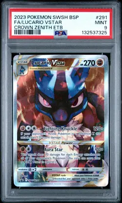 2023 POKEMON SWSH CROWN ZENITH ETB PROMO #291 FULL ART/LUCARIO VSTAR PSA 9 - Image 1