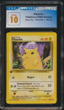 1999 Pokemon Base Set German 1st Edition Pikachu 58/102 CGC 10 PRISTINE GOLD - Image 1