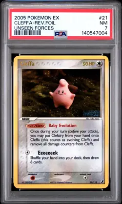 2005 POKEMON EX UNSEEN FORCES #21 CLEFFA-REVERSE FOIL PSA 7 - Image 1