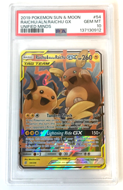 2019 POKEMON SUN & MOON UNIFIED MINDS 54/236 RAICHU & ALOLAN RAICHU GX - PSA 10 - Image 1