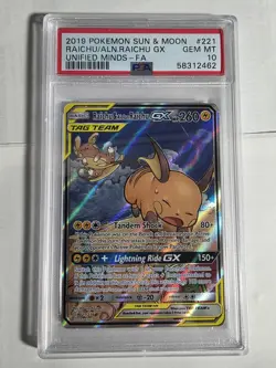 2019 POKEMON SUN & MOON UNIFIED MINDS FULL ART/RAICHU & ALOLAN RAICHU GX PSA 10 - Image 1
