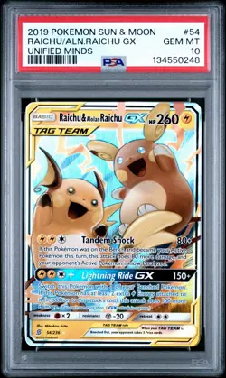 2019 POKEMON SUN & MOON UNIFIED MINDS 54/236 RAICHU & ALOLAN RAICHU GX - PSA 10 - Image 1