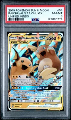 2019 POKEMON SUN & MOON UNIFIED MINDS #54 RAICHU & ALOLAN RAICHU GX PSA 8 - Image 1