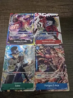 Monkey D. Luffy Ace Sabo RARE 3RD ANNIVERSARY COMPLETE SET ALT ART ONE PIECE NM - Image 1
