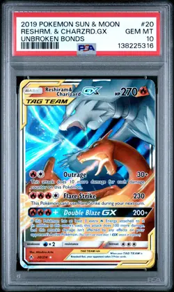 2019 POKEMON SUN & MOON UNBROKEN BONDS #20 RESHIRAM & CHARIZARD GX PSA 10 - Image 1
