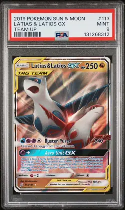 2019 POKEMON SUN & MOON TEAM UP #113 LATIAS & LATIOS GX PSA 9 - Image 1