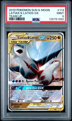 2019 POKEMON SUN & MOON TEAM UP #113 LATIAS & LATIOS GX PSA 9 - Image 1