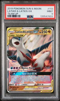 2019 POKEMON SUN & MOON TEAM UP #113 LATIAS & LATIOS GX PSA 9 - Image 1