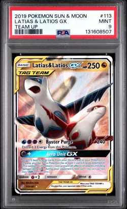 2019 POKEMON SUN & MOON TEAM UP #113 LATIAS & LATIOS GX PSA 9 - Image 1
