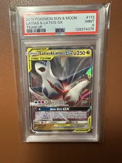 2019 POKEMON SUN & MOON TEAM UP #113 LATIAS & LATIOS GX PSA 9 - Image 1
