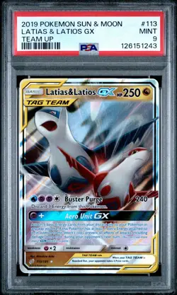 2019 POKEMON SUN & MOON TEAM UP #113 LATIAS & LATIOS GX PSA 9 - Image 1