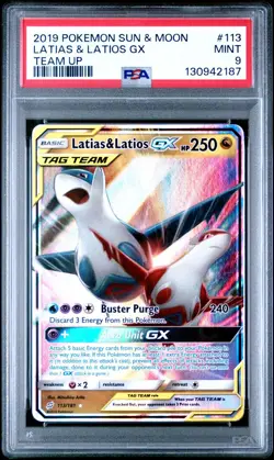 2019 POKEMON SUN & MOON LATIAS & LATIOS GX TEAM UP #113 PSA 9 MINT - Image 1
