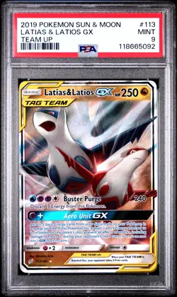 2019 POKEMON SUN & MOON TEAM UP #113 LATIAS & LATIOS GX PSA 9 - Image 1