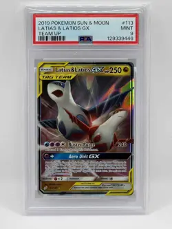 2019 POKEMON SUN & MOON TEAM UP #113 LATIAS & LATIOS GX PSA 9 MINT - Image 1